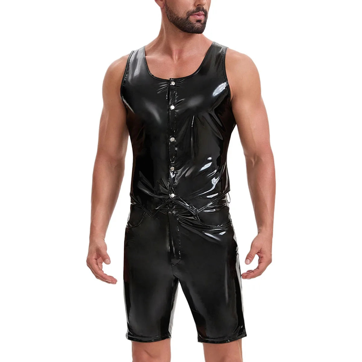 Wet Look PVC Sleeveless Tank Top Single Breasted Shiny PU Leather Motorcycle Punk Waistcoat S-7XL Weskit Tights Leather Jacket