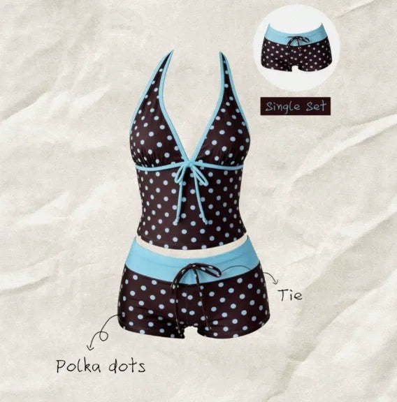 Retro Polka Dot Bikini Set Halter Neck Tie Tankini | SAMAG