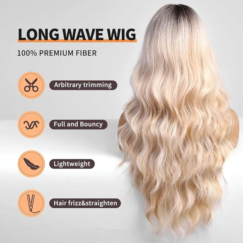 Long Blonde Ombre Brown Synthetic Wigs Water Wavy Platinum Wigs with Bang Hair Wig for Women Daily Cosplay Party Heat Resistant