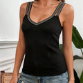 Women Cami Top Black Rhinestone V Neck Double Strap Sleeveless Top Fitted Sexy Tank Tops Spring Summer Party Night Club Outfit