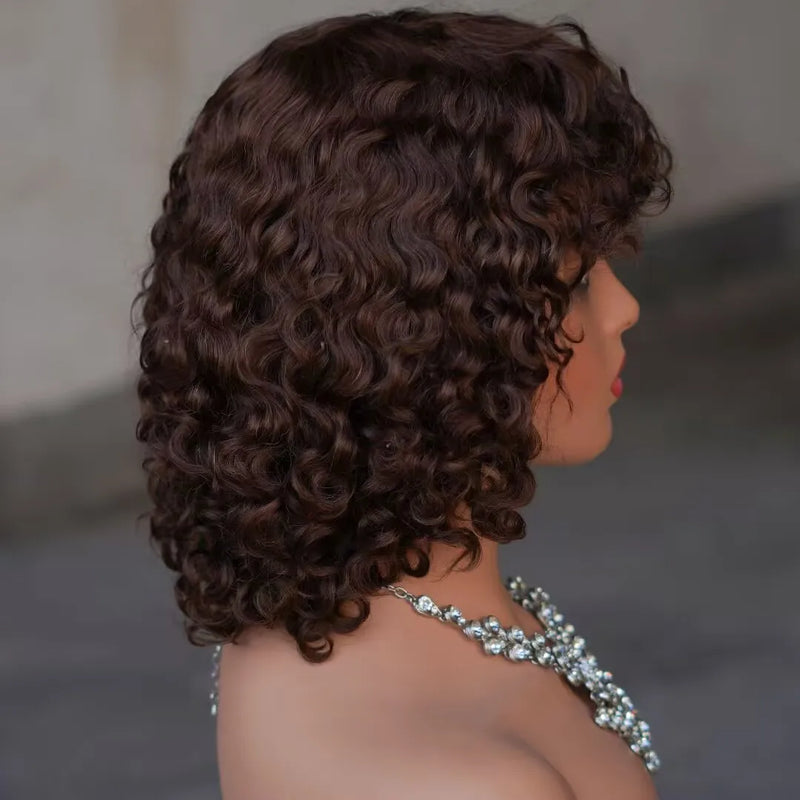 #4 Brown Deep Wave Short Bob Wigs Wear and Go Pre plucked Curly Hair Bob Wig Human Hair Glueless Wigs With Bangs Machine Made