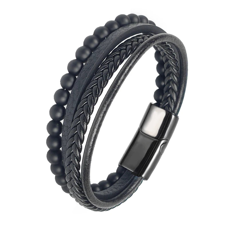 MingAo Charm Men Jewelry Natural Stone Multi-Layer Leather bracelet Black Stainless Steel Magnetic Clasp Tiger eye Bead Bracelet