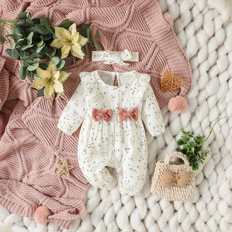 Baby Girl's All Seasons Long Sleeve Print Floral With Bow Daily Jumpsuit For Newborn-6M Clothes +Headband