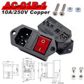 IEC 320 C13 C14 AC Inlet Power Plug Socket 250V 10A Fuse Red Lamp Rocker Switch Rewirable 3Pin Electrical Male Female Connector