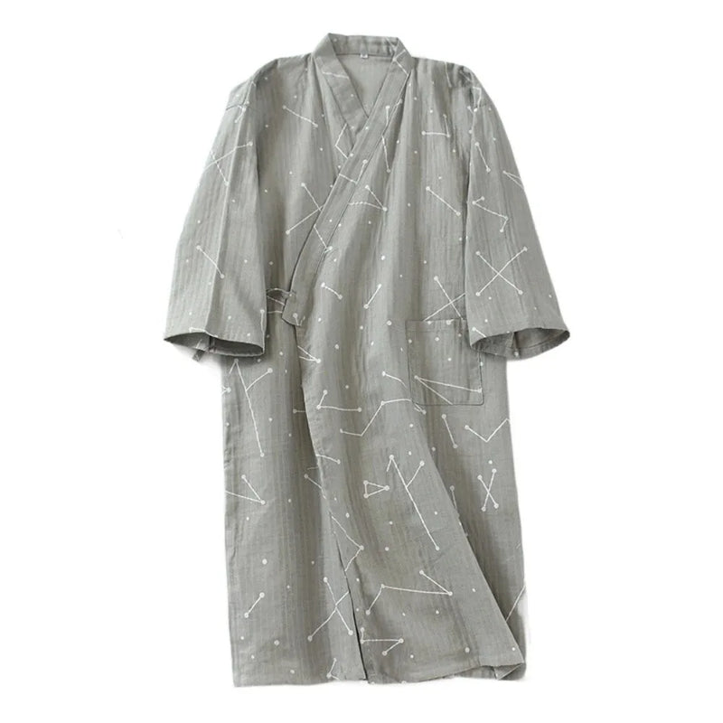 Nightdress V-Neck Men's Kimono Bathrobe Loose Long Sleeve Kimono Pajamas Thin Print Men's Hooded Robe for Spa