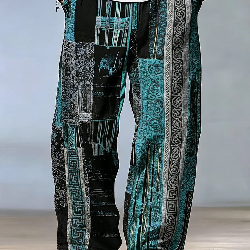 Men's Black Teal Patchwork Newspaper Print Wide Leg Pants Elastic Drawstring Loose Trousers For Retro Street - View 5 | SAMAG
