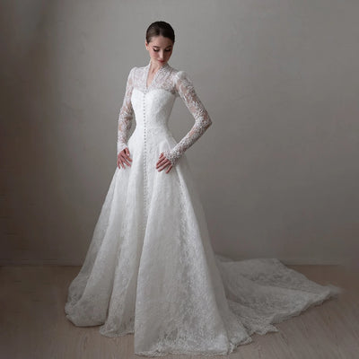 Mophiel Lace Weddings Dresses High Collar Long Illusion | SAMAG