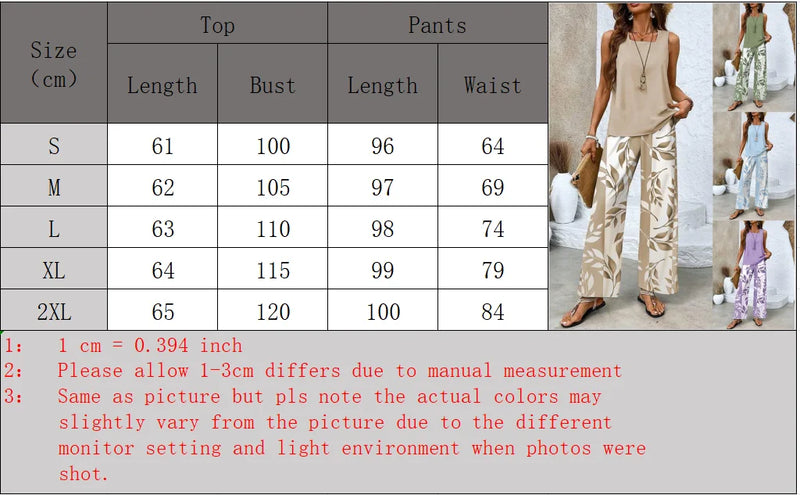 Women Casual 2 Piece Outfit Sleeveless Tank Top + Leaf Print Wide Leg Pants Set Summer Vacation Loungewear