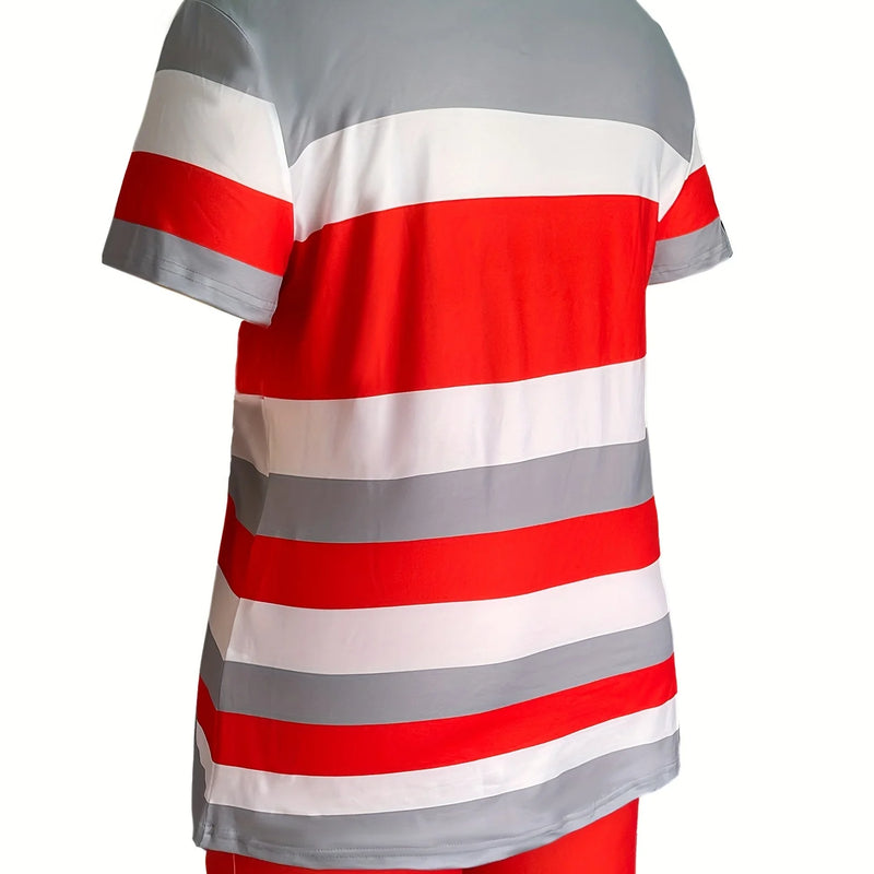 Trendy Plus Size Women's Two Piece Set Striped Short Sleeve Top and High Waist Shorts Casual Outfit