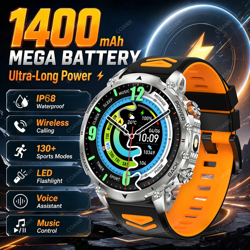 Newly Durable 1400mAh Large Battery Men Smart Watch 1.7" HD Screen IP68 Waterproof LED Flashlight Sport BT Call Smart Bracelet
