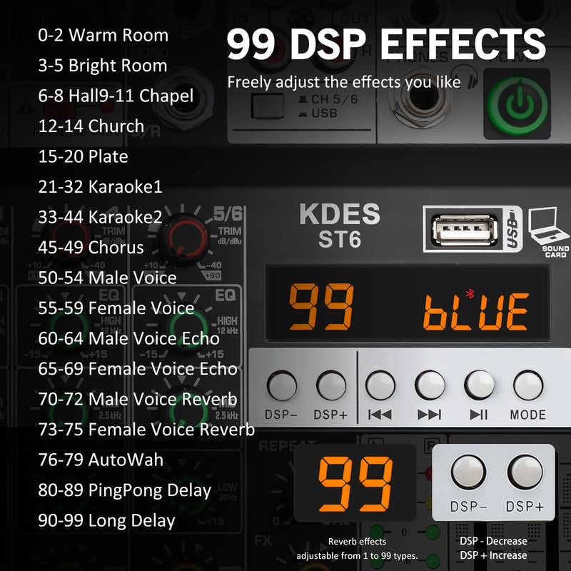 KDES Audio Mixer 4-6-8 Channel 99 DSP Effect Record PC 48V Phantom Power USB Sound Mixers Bluetooth DJ Console Mixing for Karaok
