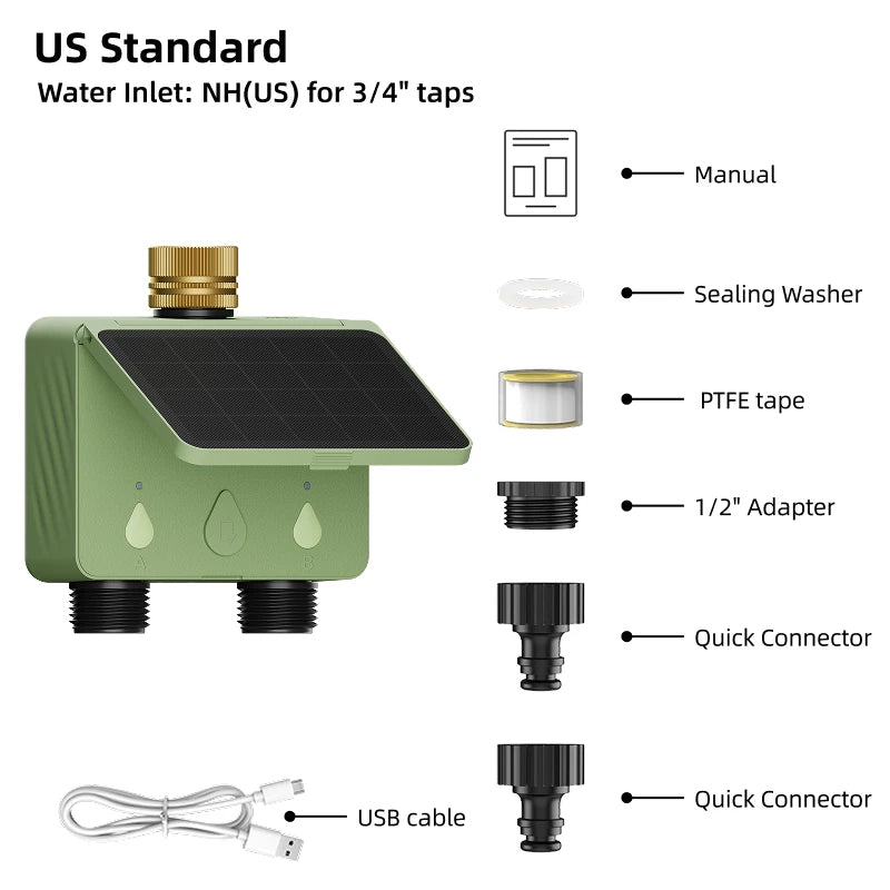 WiFi Water Timer 2 Zone Solar Power Smart Tuya Garden Automatic Irrigation Watering System Flow Meter Drip Sprinkler Controller