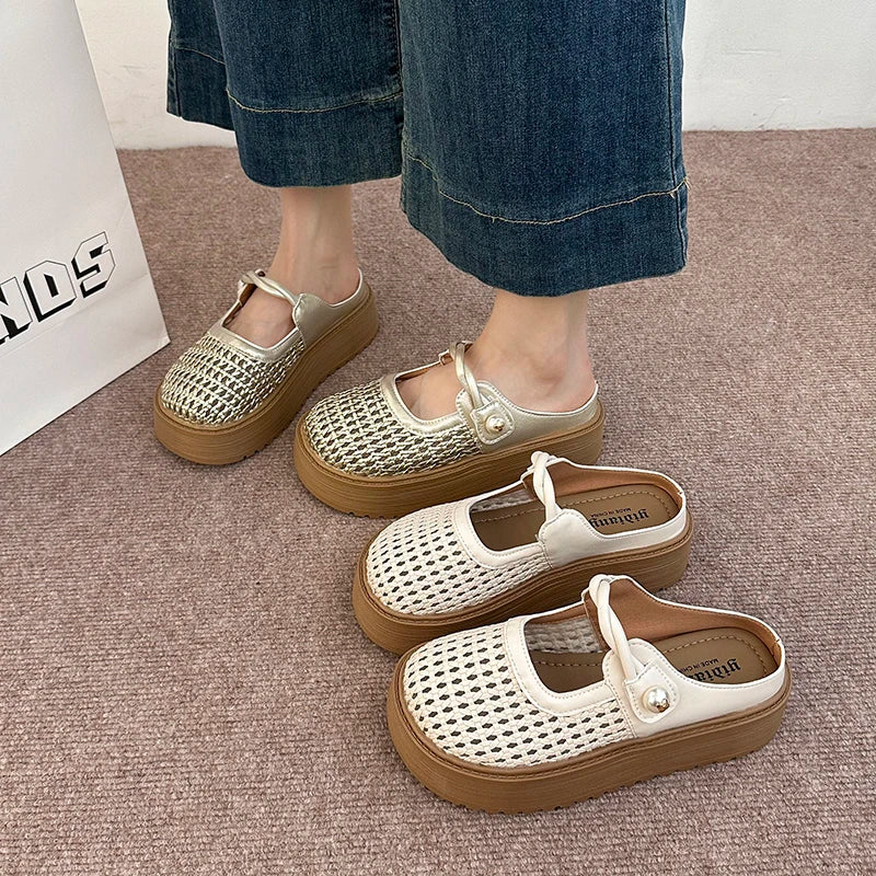 Summer Women's Hollow Out Woven Round Toe Mary Jane Buckle Strap Chunky Platform Mule Clogs Slides Sandals Casual Slippers Shoes
