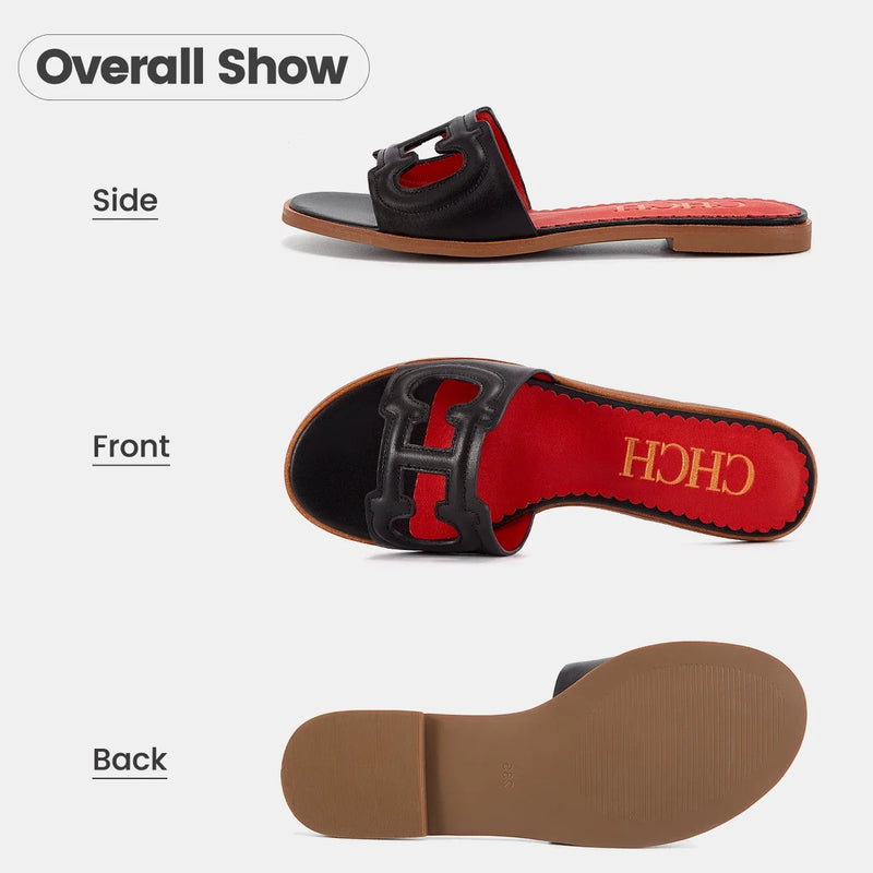 C-H Woman Slippers 2025 Simple Black Flat Flat Women's Shoes Home Indoor Slippers
