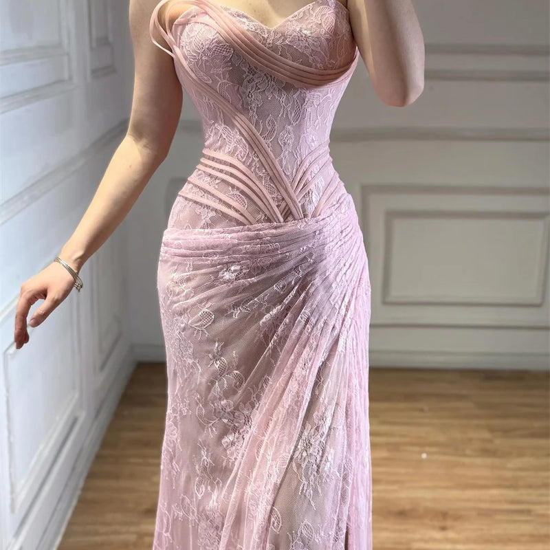 Contessa Custom Pink Lace Evening Dress Prom Strapless | SAMAG