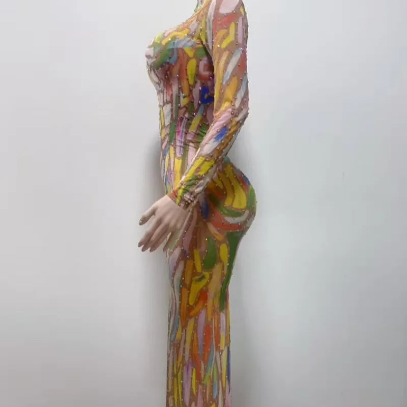 Birthday Singer Prom Queen Costume Sexy Stretch Evening Drag Queen Women's Stylish Long Sleeve Cheongsam Dress