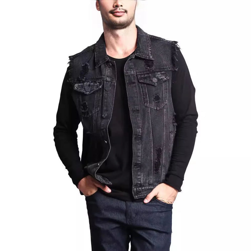 Men Vests Denim Sleeveless Turn Down Collar Spliced Solid Vest Single Breasted Pockets Casual Coats Hole Male Summer 2025