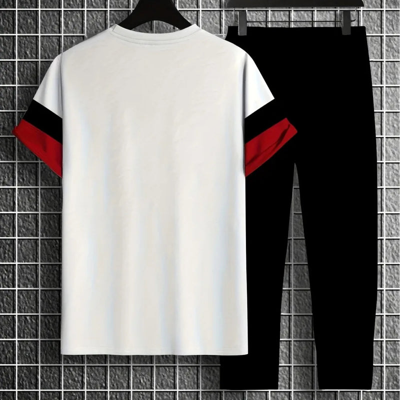 Men's summer new striped letter print refreshing and breathable round neck T - shirt pants set outdoor - View 3 | SAMAG