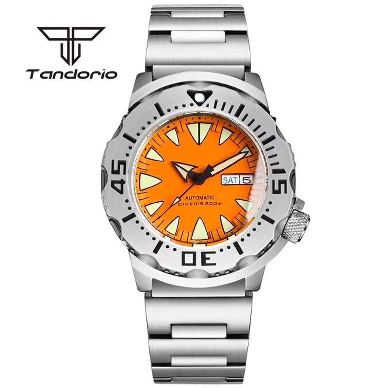 Tandorio Monster NH36A Mechanical Dive Automatic Men's Watch AR Sapphire 42mm 20BAR Steel Wristwatch Double Date Green Luminous