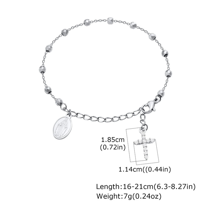 Charm Cubic Zirconia Cross Rosary Bracelet for Women, Stainless Steel Mary Adjustable Link, Religious - Visuel 8 | SAMAG