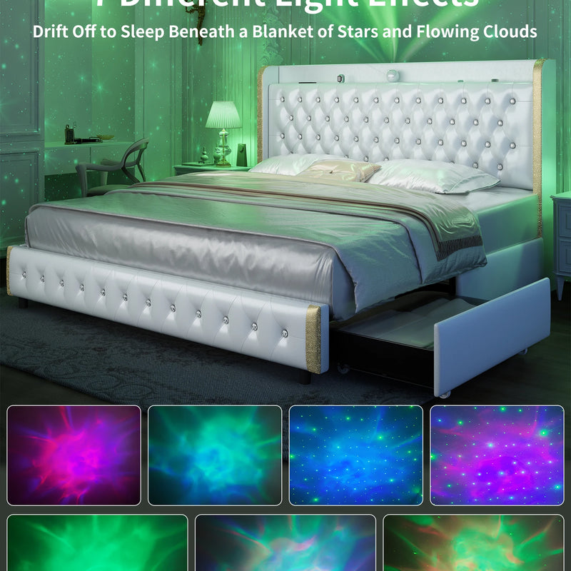 GEGOFORU Queen LED Bed Frame with Galaxy Projector, Bluetooth Speaker, USB Ports, 4 Drawers, No Box Spring Needed, PU Black