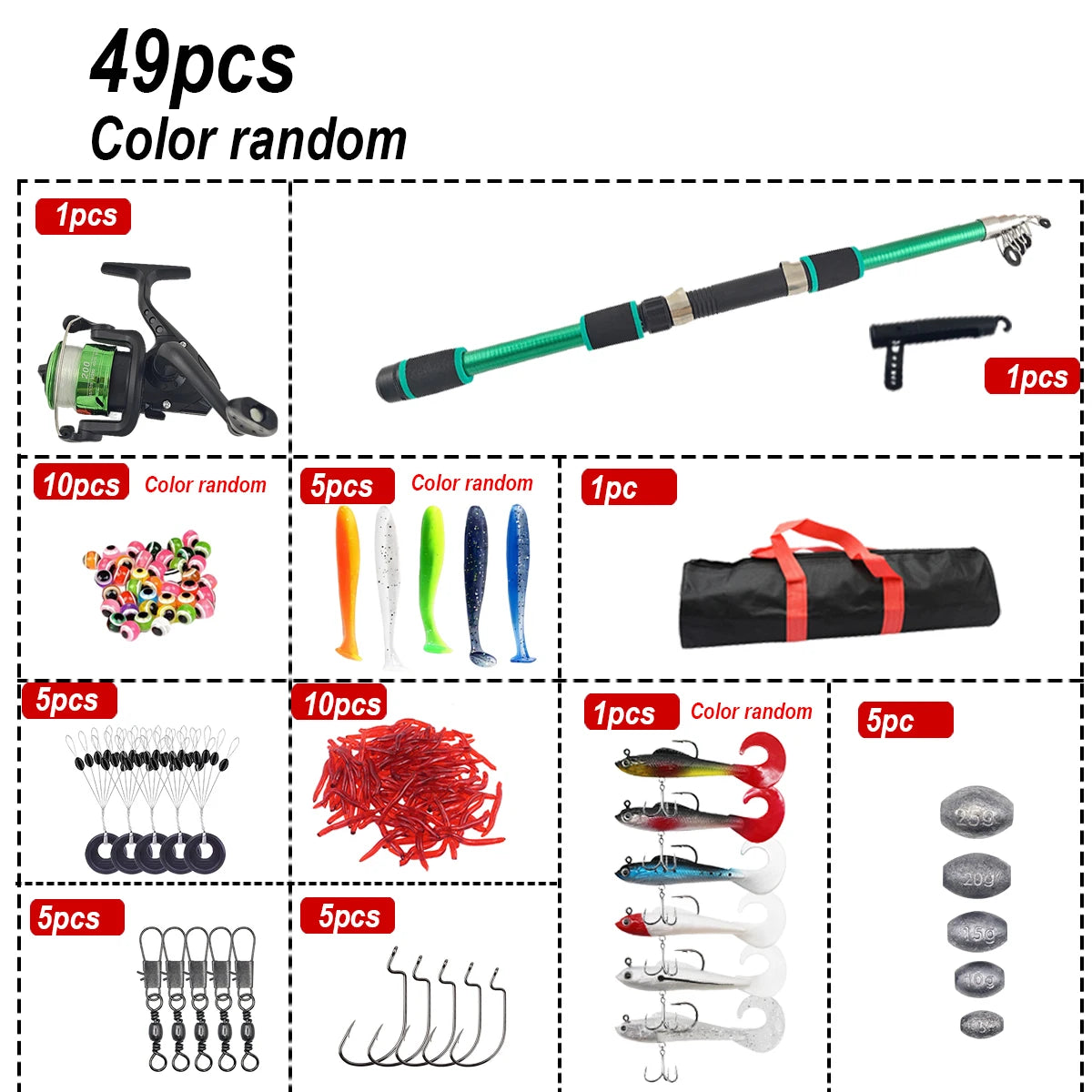 49 pcs Beginner Fishing Rod Set Portable Retractable Fishing Pole With Spinning Reel Assorted Bait Lures Fishing Gift For Men