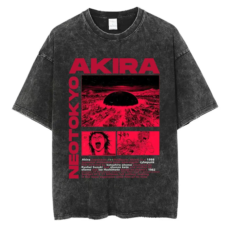 Washed Retro Japanese Anime Akira Print 100%Cotton Men Woment T-shirt Summer Autumn Daily Sports Party Casual Loose Short Sleeve