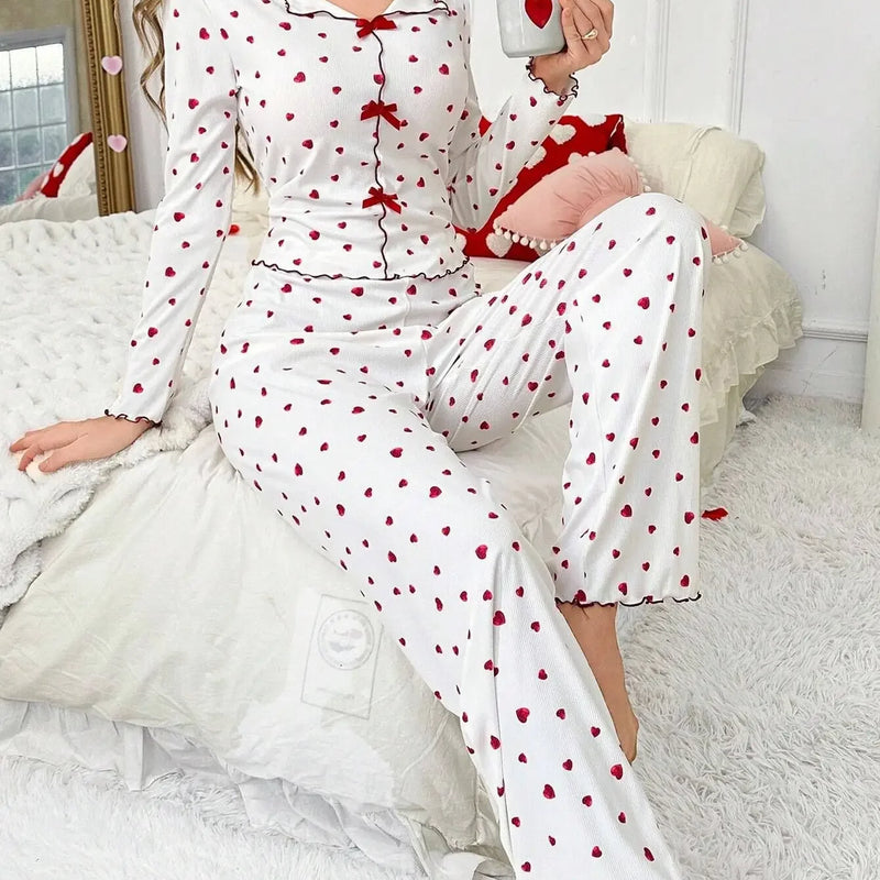 Autumn Winter Sleepwear for Women Two-piece Pajamas Set Heart-shaped Printed Long-sleeved Shirts and Long Pants Homewear