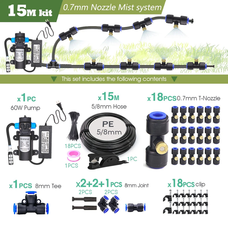 0.7MM Brass Nozzle 60W Self-Priming Pump Timing Misting Spray Kit for Garden Plants Farm Automatic Atomization Cooling System