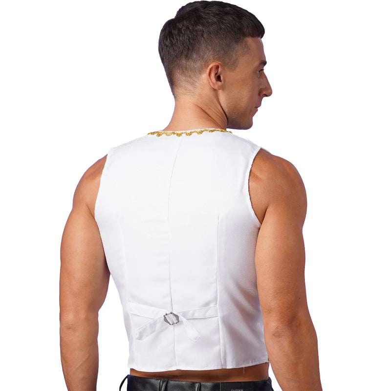Mens Steampunk Victorian Vest Gothic Vintage Gold Trims Embroidery Medieval Sleeveless Waistcoat Jacket Vest Halloween Costumes