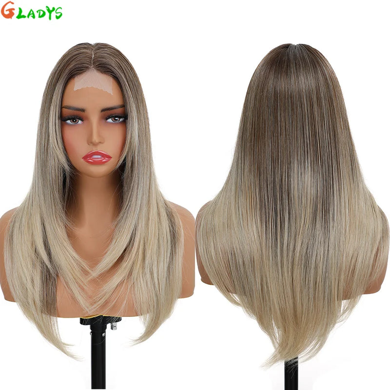 210g/pcs 180% Density Lace Wig 6-24-613 Color Middle Part Glueless Lace Wigs 24 Inch Ombre Blonde Synthetic Hair Daily Use Wigs