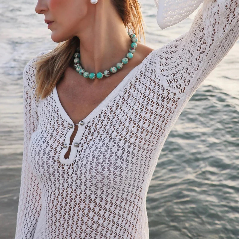 Vacation Casual Short Dress, Knit Hollow Out Long Sleeve Beach Cover-Up, Fitted Plain Style, Spring & Fall Fashion