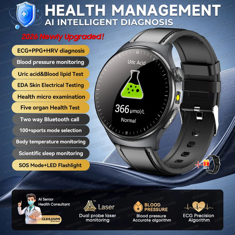 2026New AI-Diagnosis Care Smartwatch ECG+PPG Accurate Uric Acid Blood Pressure Body Fat Five organ Fitness Waterproof Smartwatch