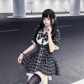College-Style Retro Gray Plaid Shirt Dress for Women, Summer Sweet Little Girl's Bow Lace Waist-Cinching Short Dress