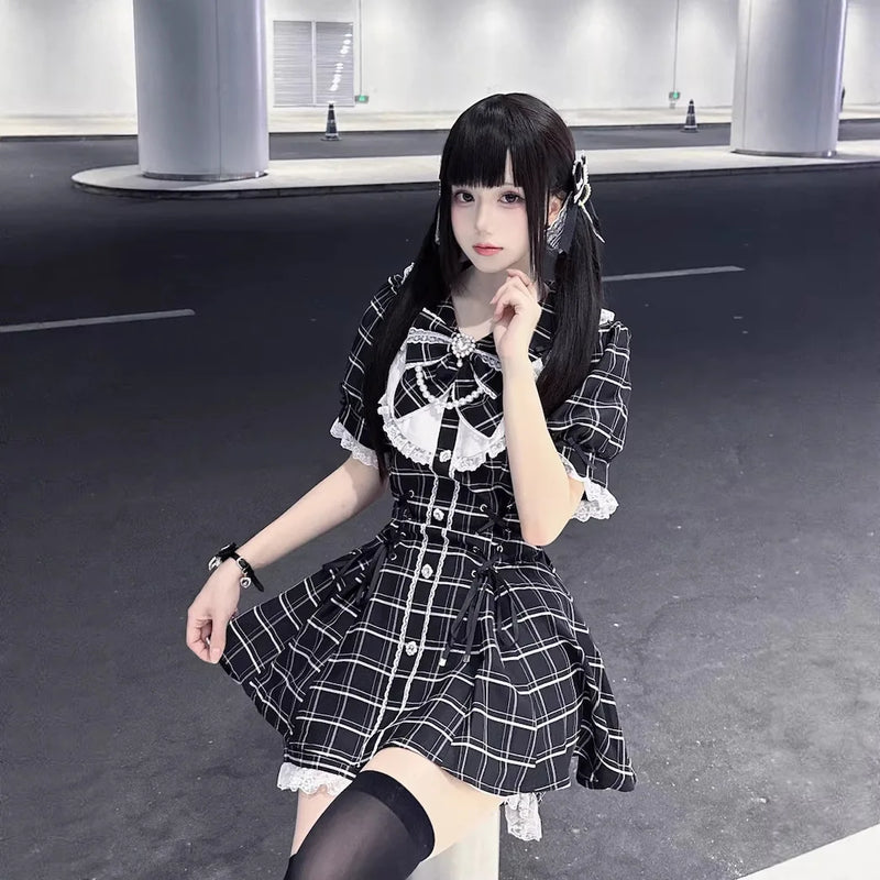 College-Style Retro Gray Plaid Shirt Dress for Women, Summer Sweet Little Girl's Bow Lace Waist-Cinching Short Dress