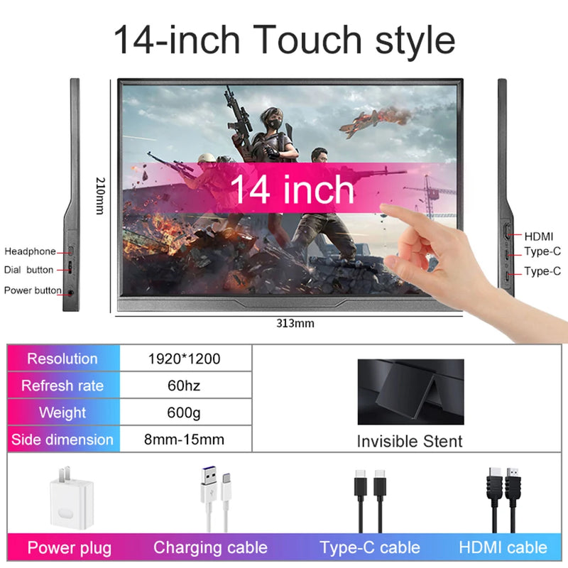 14inch Ultra-thin Portable Monitor Touch 1200P IPS USB-C HDMI External Second Screen for Laptop PC Cell Phone Switch PS4/5 Xbox