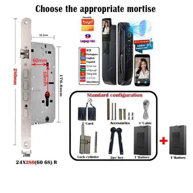 6068,5572,6072,6085 Mortise Lock Tuya Wifi App Camera Smart Digital Lock With Fingerprint Face Key Card Rfid