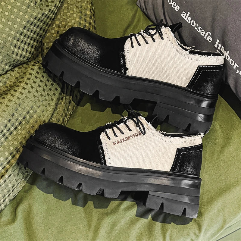 Men Thick Soled Derby Shoes Height Increasing Non Slip Breathable Color Blocked Casual Personalized Youth Fashion Shoes