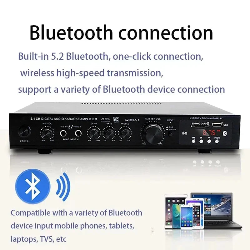 AV-369BT Bluetooth 5.1 Sound Speaker AMP Stereo Audio Amplifiers Receiver 6 Channel Home Theater Audio Stereo System Components