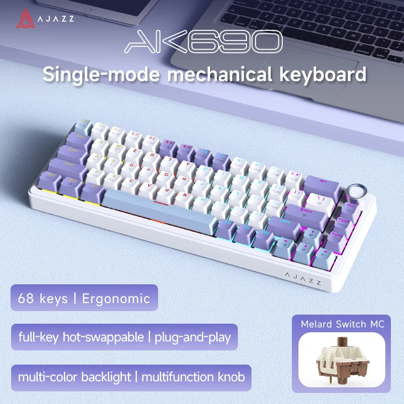 AJAZZ AK690 65% Mechanical Keyboard Wired USB Plug and Play Full-key Hot-Swap Mixed Light 68 Keys Gaming Keyboard for Laptop PC