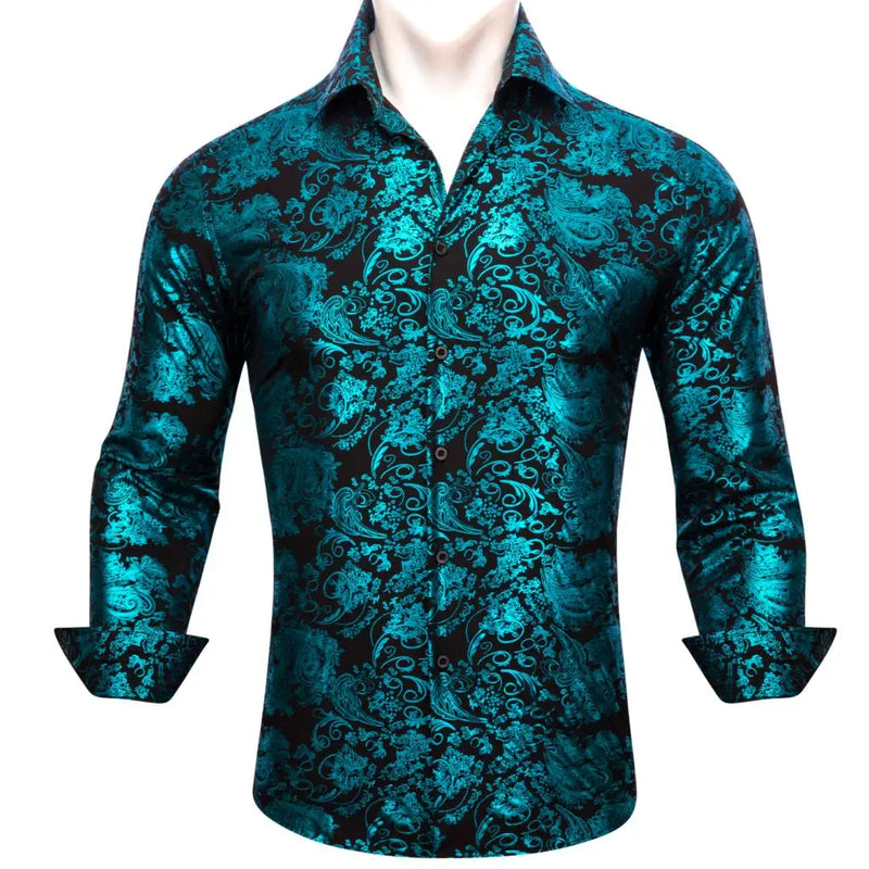 Luxury Silk Shirts for Men Long Sleeve Gold Black Floral | SAMAG