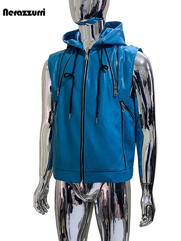 Nerazzurri Summer Autumn Short Blue Pu Leather Vest for Men with Drawstring Hood Zipper Sleeveless Jacket Men Menswear Clothing