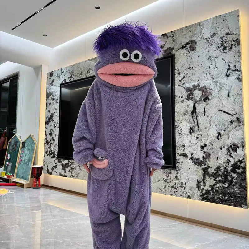 Autumn Winter Big Mouth Monster Cartoon One Piece Pajamas Thick Coral Fleece Warm Soft Casual Couple Home Loungewear In Stock