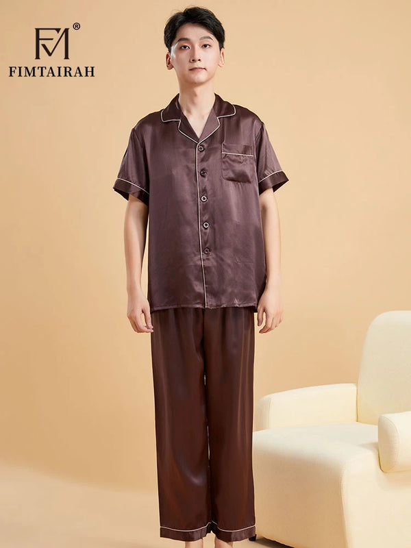 Fimtairah Real 19MMSilk 100% Mulberry Silk Pajamas Men's  Hangzhou Solid Color heavy Silk Home Wear Men's Short sleeve trousers
