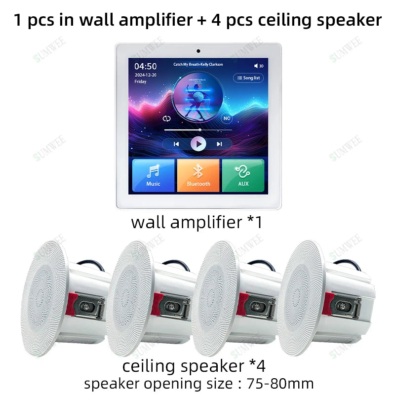 4 Inch Home Theater System 3inch Ceiling Speaker Surround Sound Multi-Room Audio Touch Screen Bluetooth In-Wall Amplifier