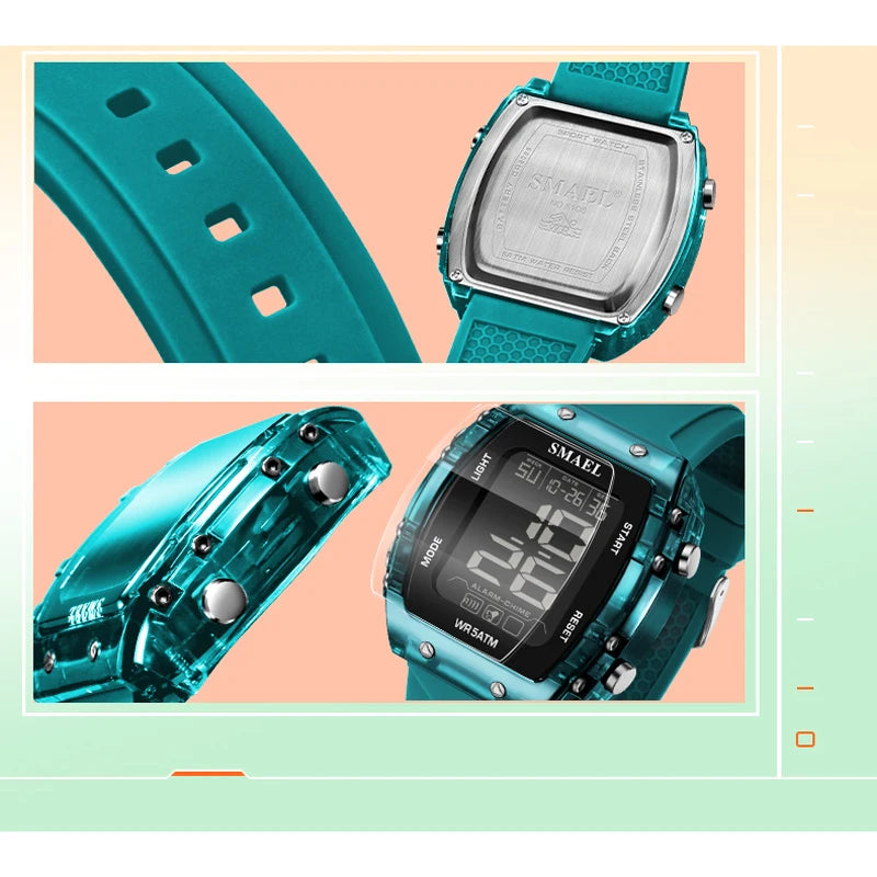 SMAEL Outdoor Sports Watches Fashion Leisure Men Watches 5ATM Waterproof Rectangle 8108 LCD Display Digital Student Wristwatches