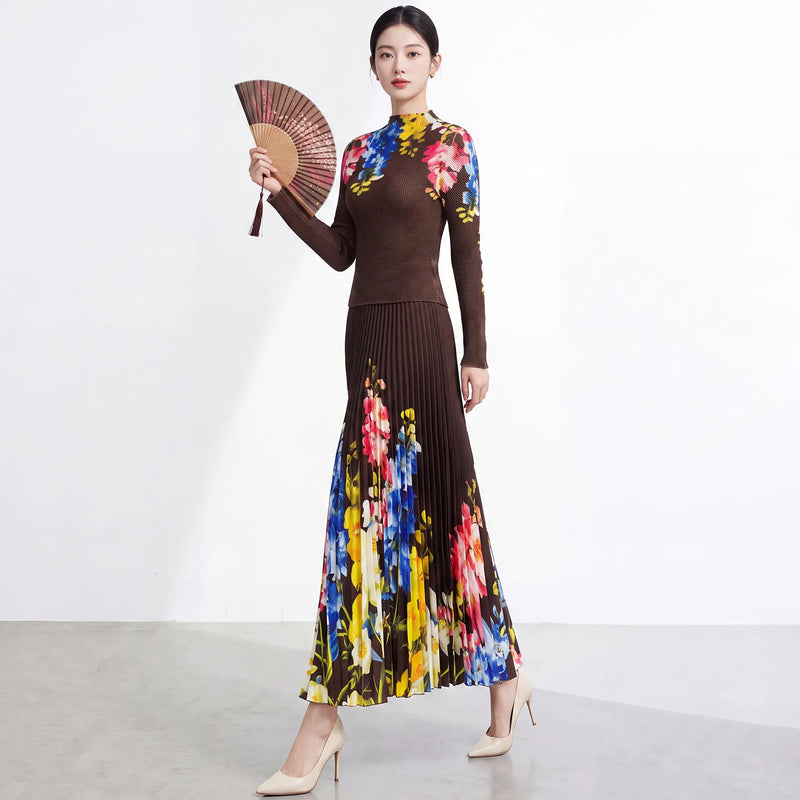 Miyake Flower Print Sets for Women Pleated T-shirt Long Sleeves with A Line Skirts Elegant Clothing 2026 Summer New