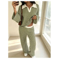 Autumn New Fashion Knitted Striped Lapel Long-sleeved Two-piece Set Slim + Casual High-waisted Wide-leg Pants 2 piece Set Female