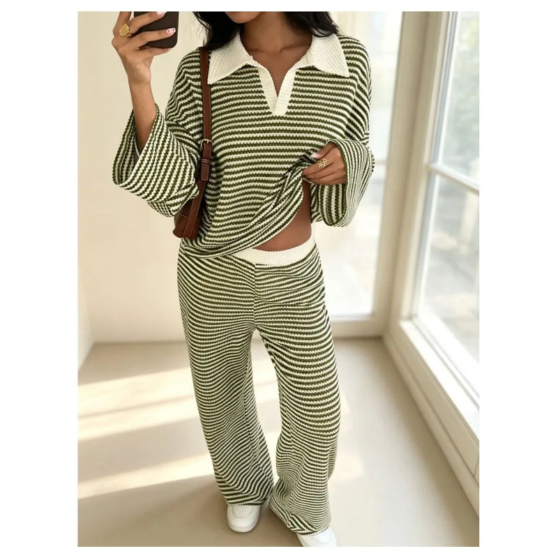 Autumn New Fashion Knitted Striped Lapel Long-sleeved Two-piece Set Slim + Casual High-waisted Wide-leg Pants 2 piece Set Female