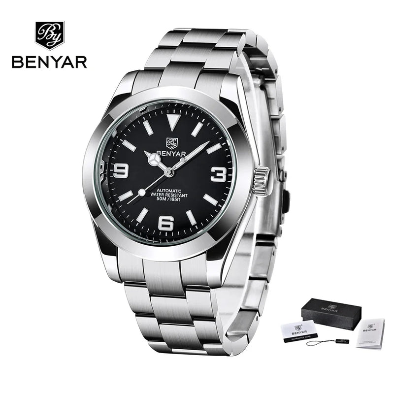 New BENYAR 41mm Men's Automatic Mechanical Watch Classic Blue Stainless Steel 50m Waterproof Luminous Male Business Wristwatch